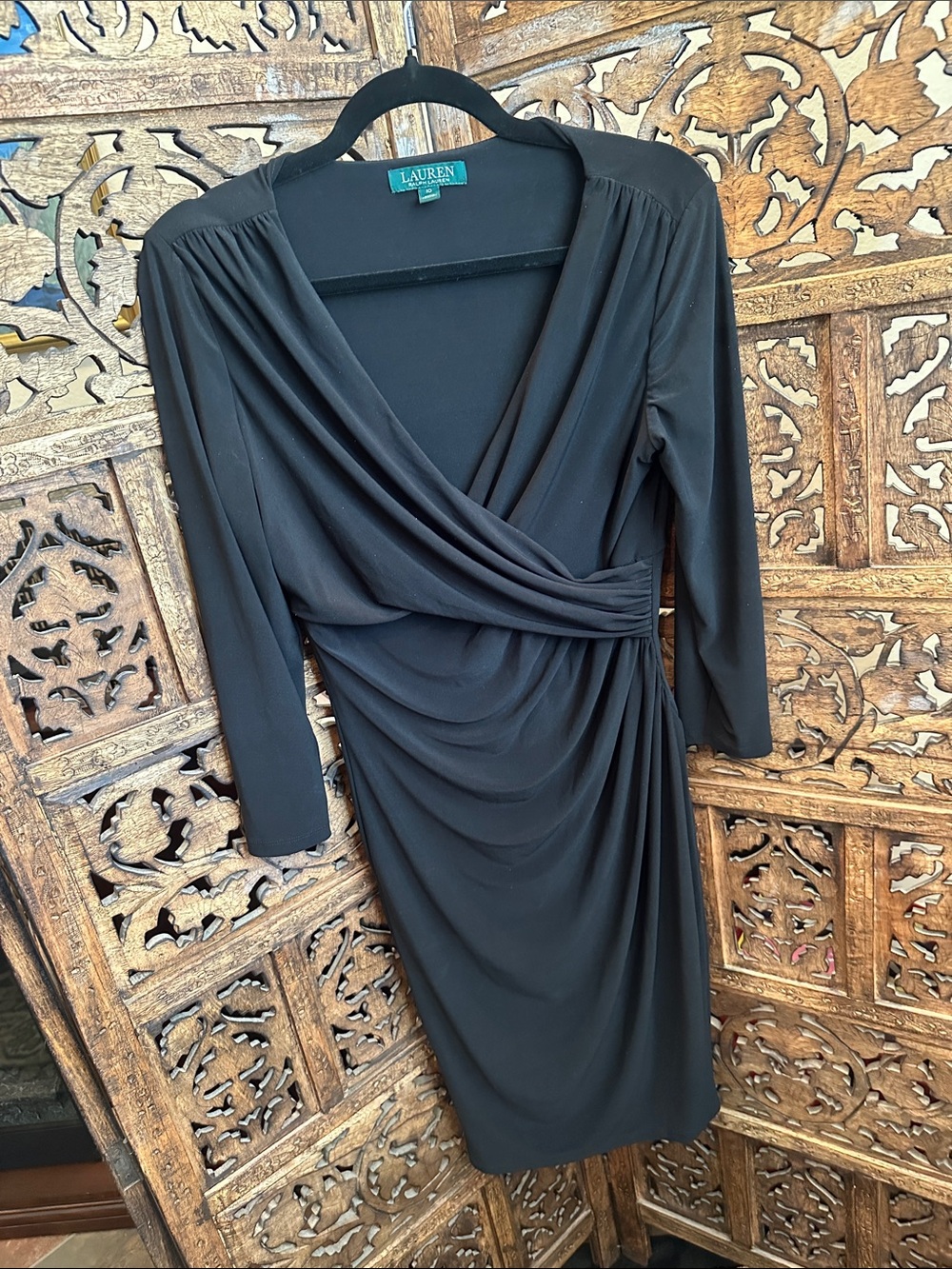 Lauren Ralph Lauren Black Long-Sleeve Draped Wrap Dress Size 10